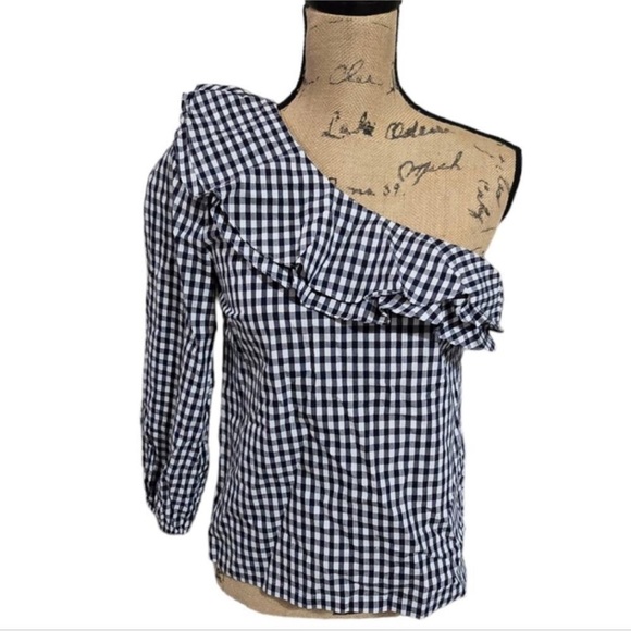 J. Crew Gingham One Shoulder Ruffle Blouse - Picture 8 of 14